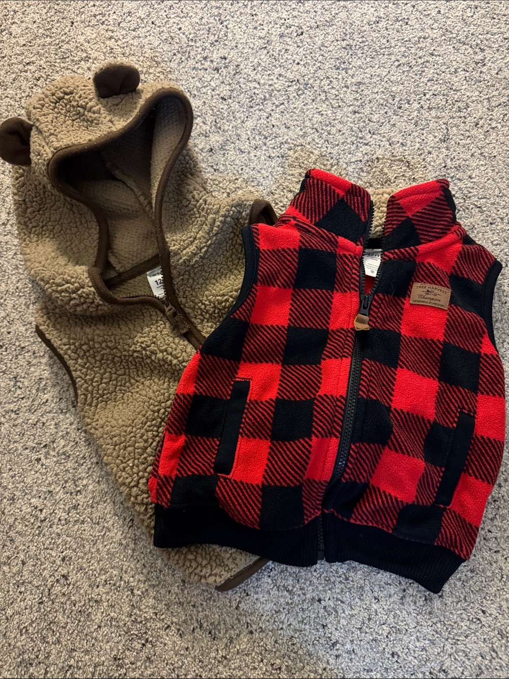 Carter's Red and Black Buffalo Plaid Fleece Vest with Tan Bear Hooded Vest